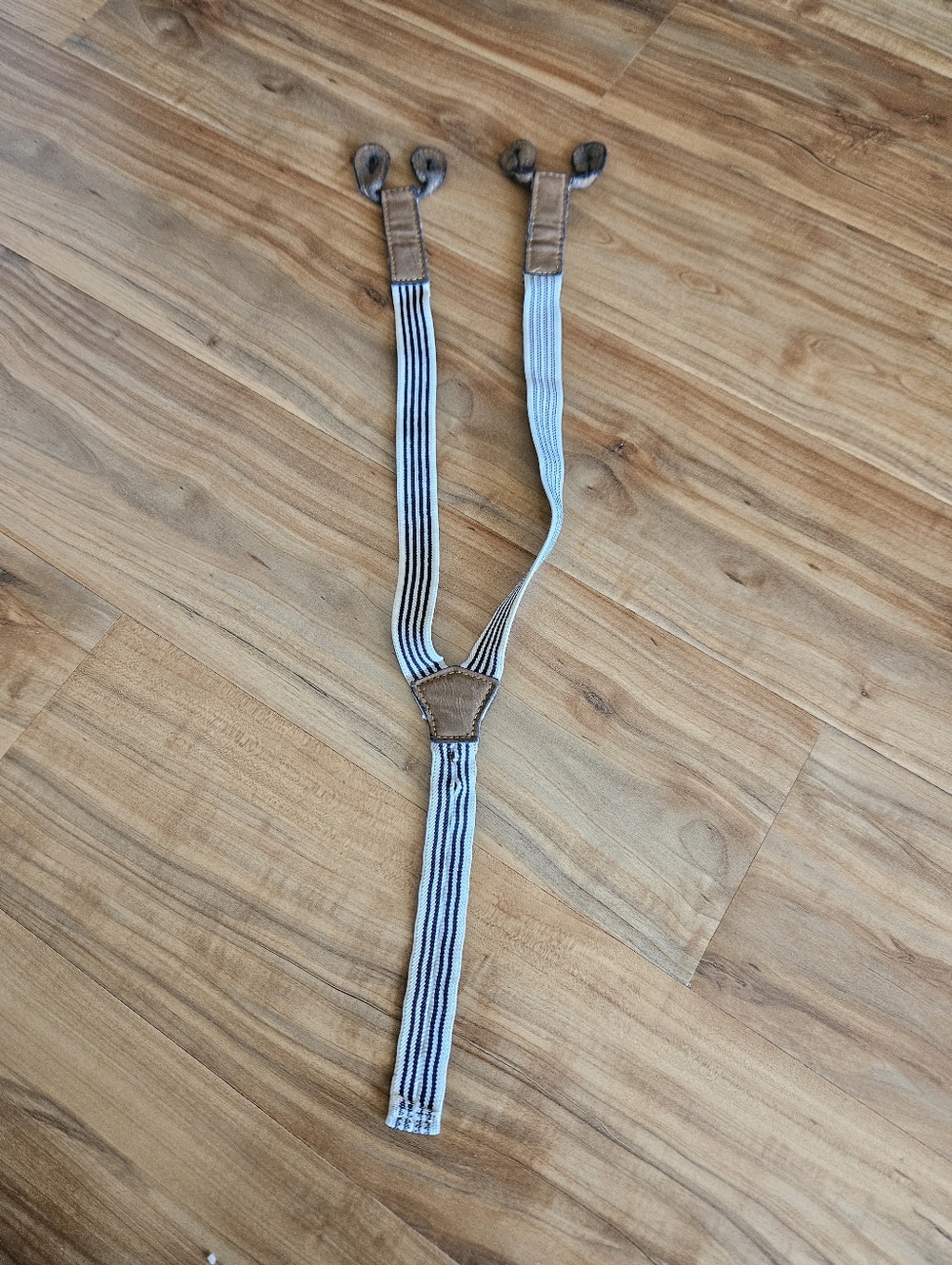 Striped Elastic Suspenders with Leather Accents - Light Blue & Brown For Toddler
